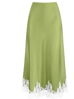 Women's Black White High Waisted Long Lace Flowy Hem Trim Satin Midi Skirts